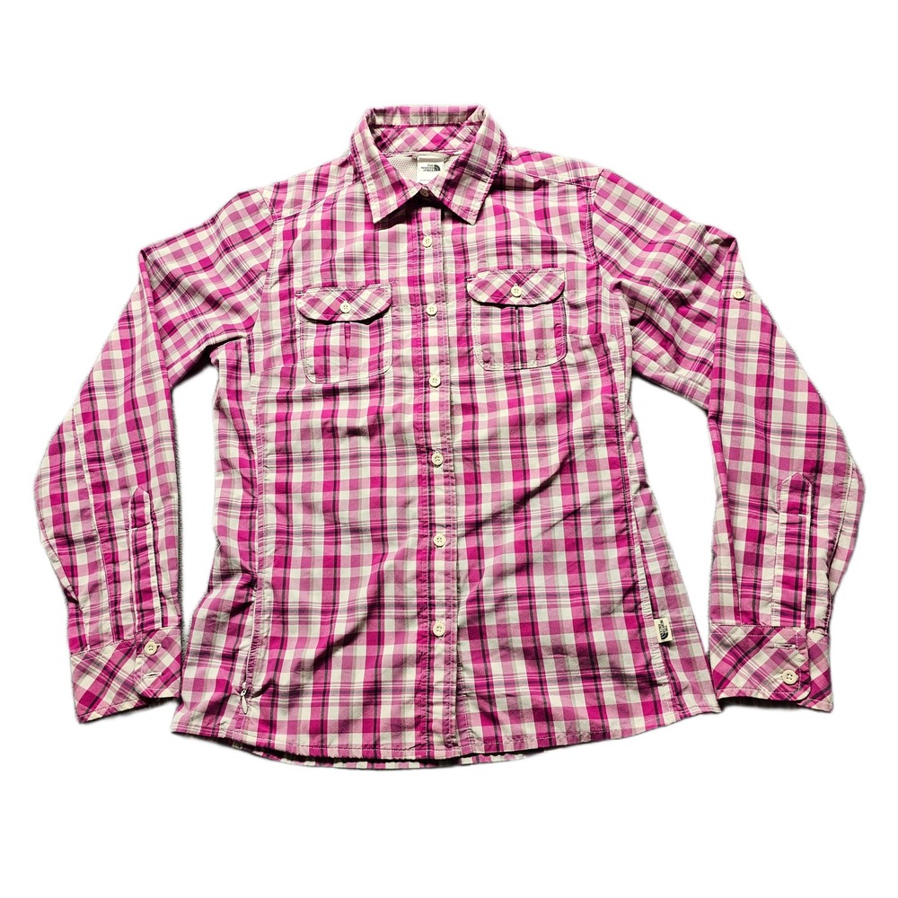 The North Face Fishing Shirt Womens Pink White Plaid Mesh Lined Vented Button Up